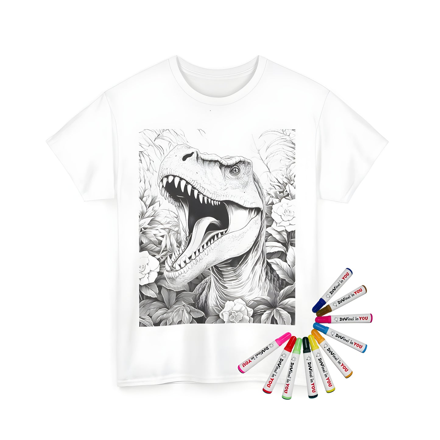 Coloring kit for unisex t-shirts featuring a detailed illustration of a T-Rex, Triceratops, Velociraptor, Dinosaur artwork, and jungle plants