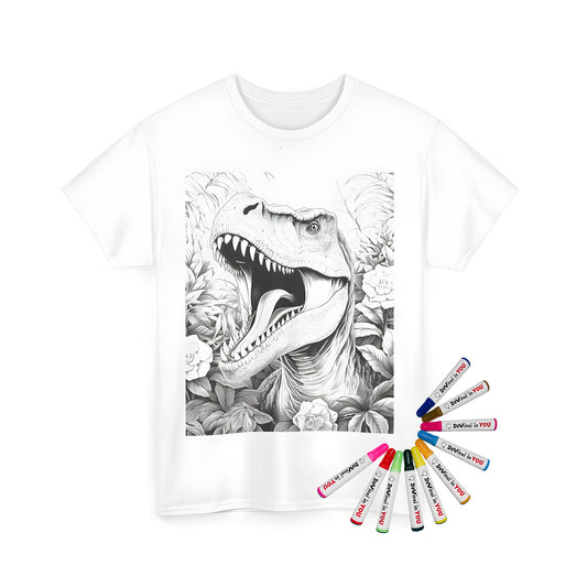 Coloring kit for unisex t-shirts featuring a detailed illustration of a T-Rex, Triceratops, Velociraptor, Dinosaur artwork, and jungle plants