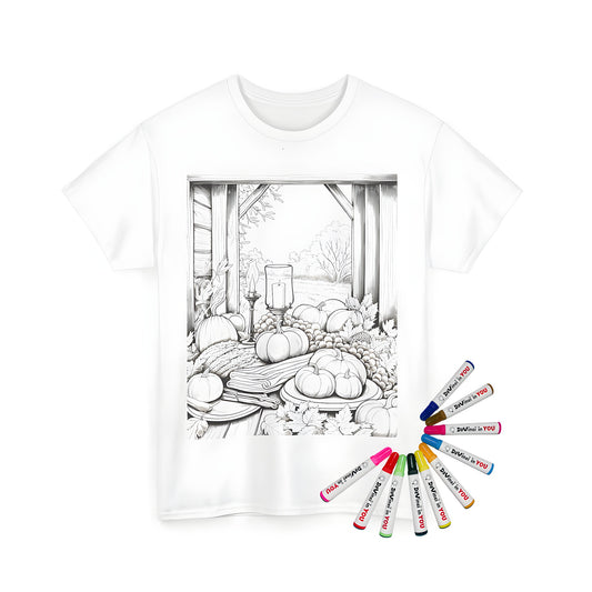 A vibrant Unisex T-shirt featuring a colorful autumn-themed design with pumpkins, grapes, wheat, and candles on a rustic table in a cozy barn setting