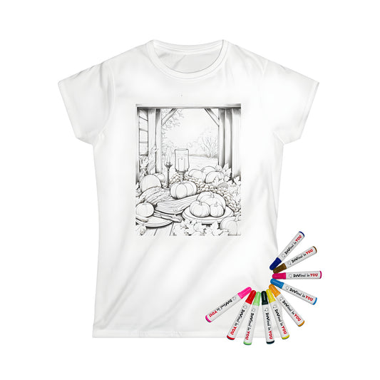 Women's t-shirt featuring a colorful autumn decorations design with pumpkins, grapes, wheat, and candles