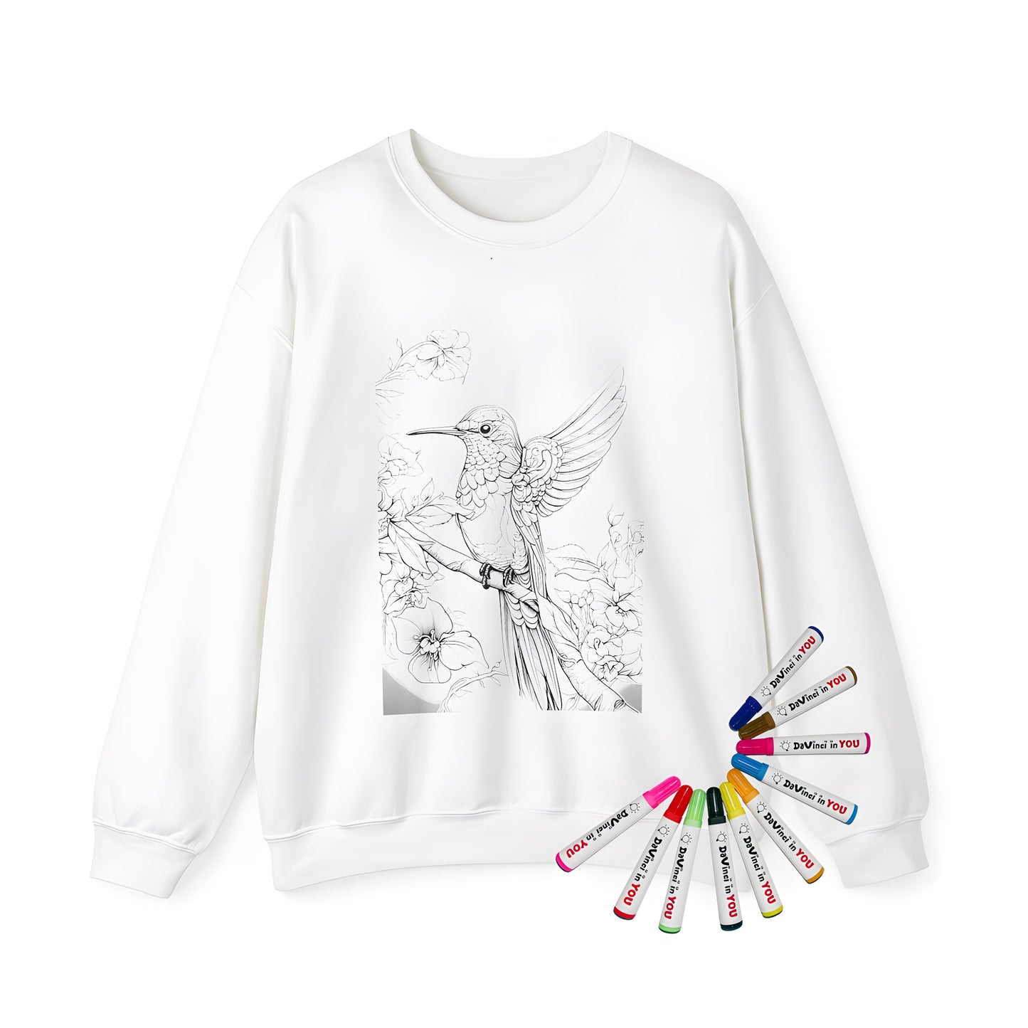 Adult sweatshirt featuring a detailed hummingbird illustration with vibrant flowers and foliage