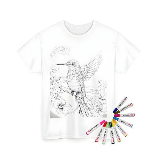 Coloring kit with unisex t-shirt featuring a hummingbird design, complete with intricate flowers and botanical elements.