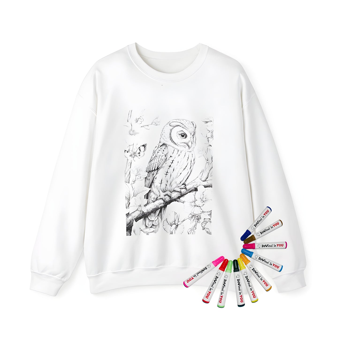 Adult sweatshirt featuring a detailed illustration of an owl perched on a branch surrounded by flowers and a butterfly, great for coloring and relaxation