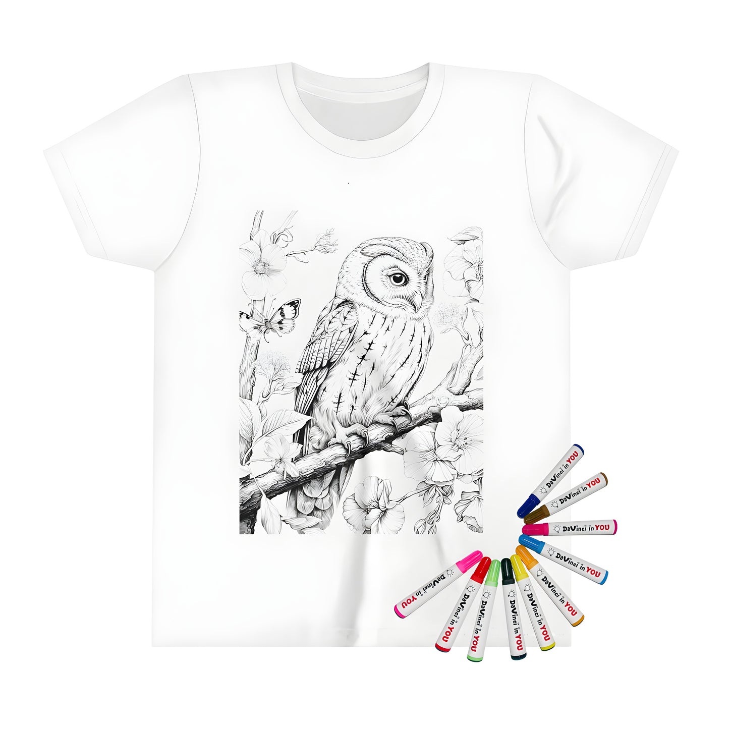 Kids t-shirt featuring a detailed black and white illustration of an owl perched on a branch surrounded by flowers and a butterfly, perfect for little ones who love to color.