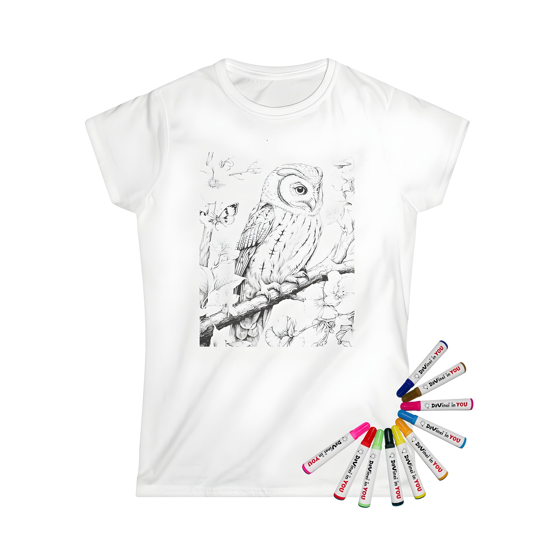 Women's t-shirt featuring a beautiful illustration of an owl perched on a branch surrounded by flowers and a butterfly, perfect for coloring enthusiasts.