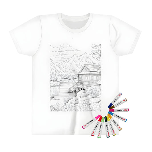 Kid's t-shirt with mountain cabin scene artwork by kids coloring kit