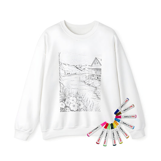 Adult sweatshirt featuring an illustration of a serene lakeside retreat scene with flowers, mountains, and trees.