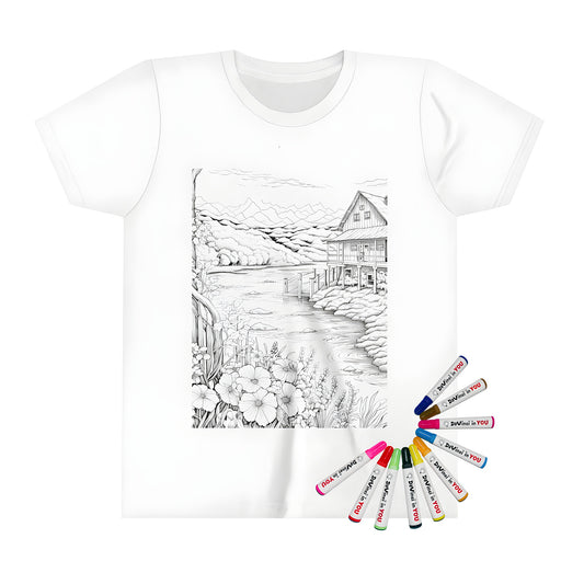 Kids t-shirt featuring an illustration of a lakeside cabin scene with mountains and trees in the background, perfect for little ones who love nature and adventure