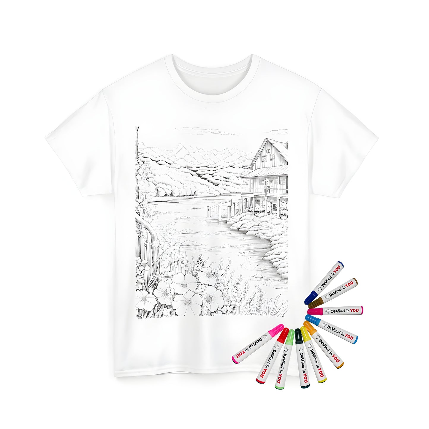 Coloring kit for a unisex t-shirt featuring a lakeside cabin illustration with floral, mountain, and tree details