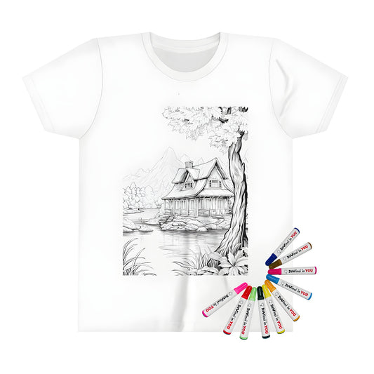 Colorful cabin print kid's t-shirt with lake and tree illustration