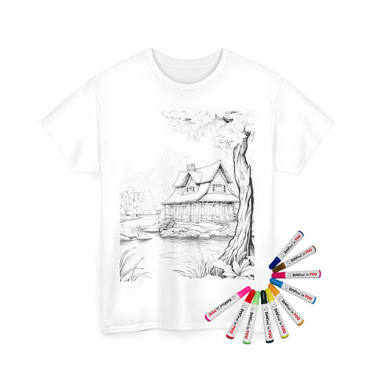 Coloring kit t-shirt with cabin lake scenery illustration