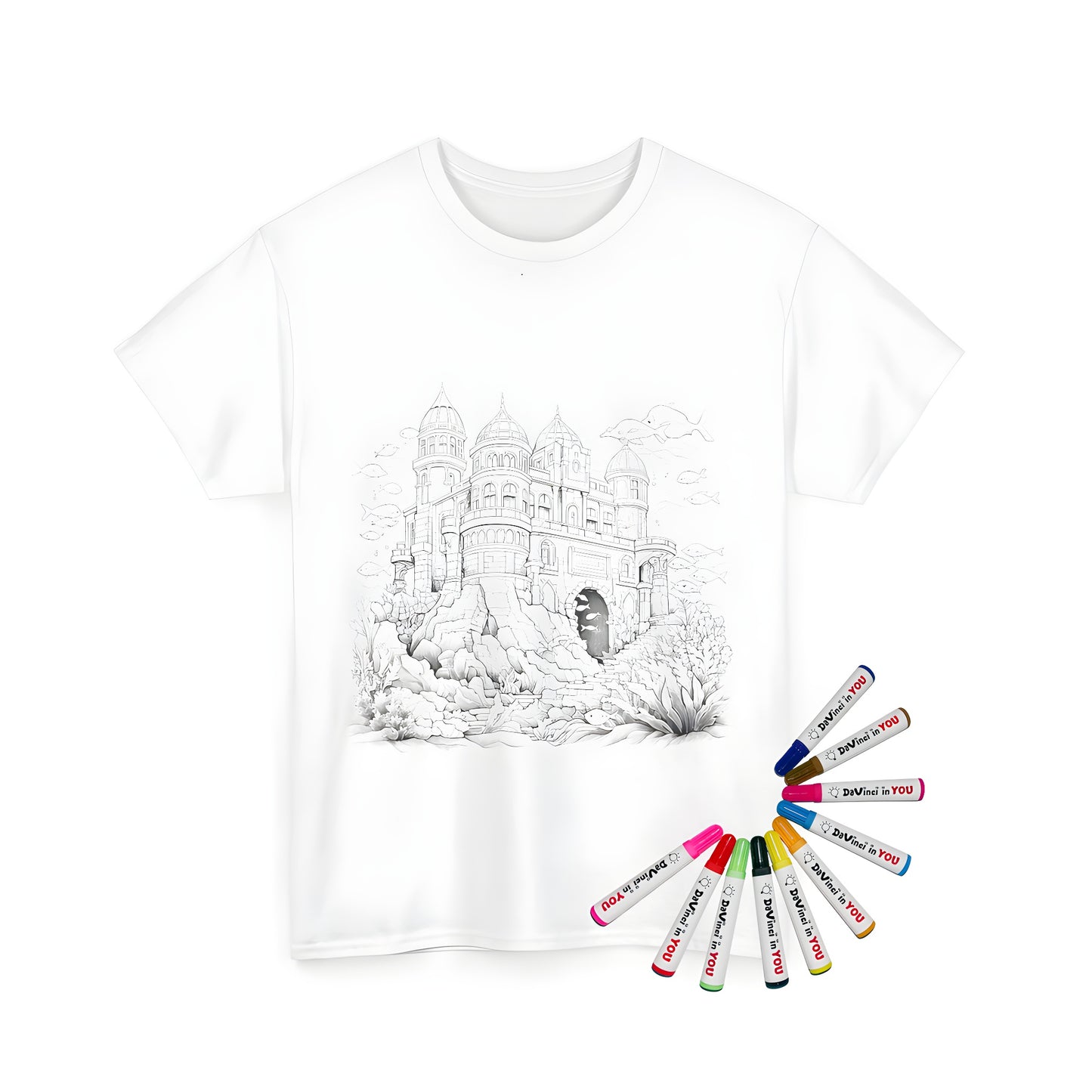 Underwater castle art, Unisex t-shirt design featuring an elaborate underwater scene with domes and towers, surrounded by fish, dolphins, and coral formations.