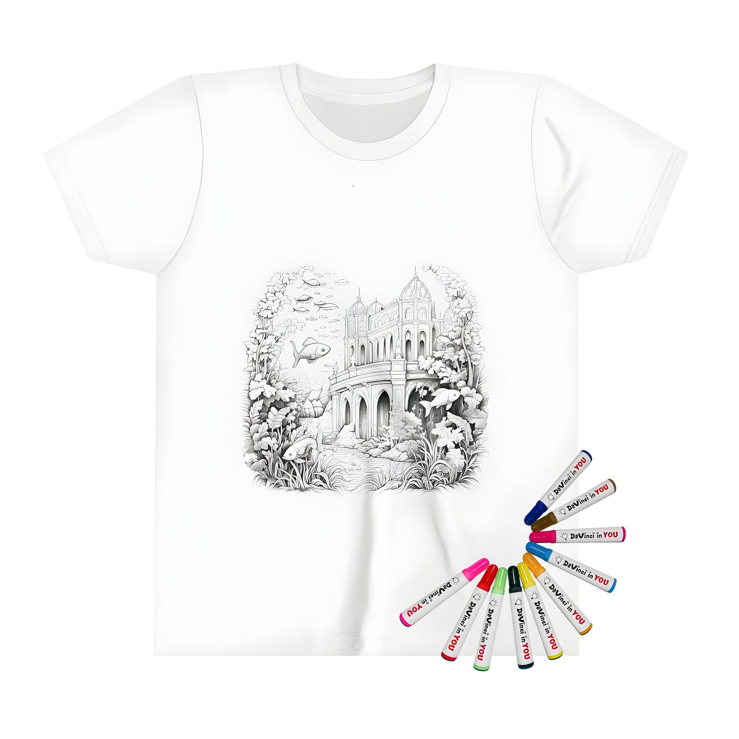 Coloring book design on a kid's t-shirt featuring an underwater castle surrounded by fish and architecture details