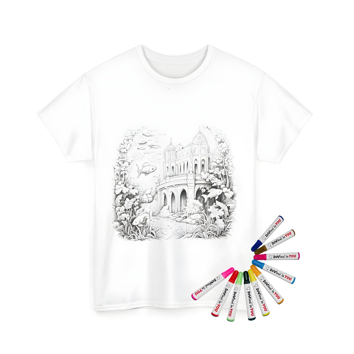 A vibrant unisex t-shirt featuring an intricate black and white drawing of an underwater castle surrounded by various fish and rich plant life, perfect for coloring. Includes 10 fabric markers.