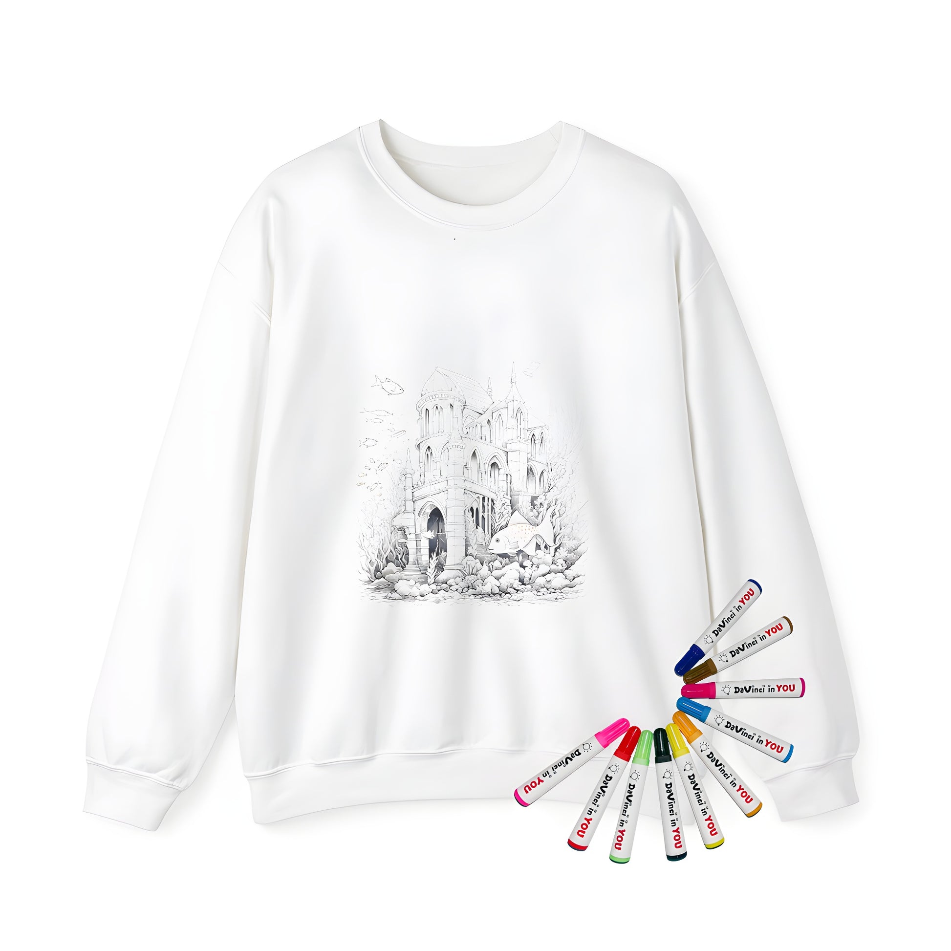 Underwater themed adult sweatshirt with elaborate castle design, various fish and seaweed patterns