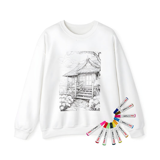 Adult sweatshirt featuring a coloring page-inspired cottage design with garden and pathway