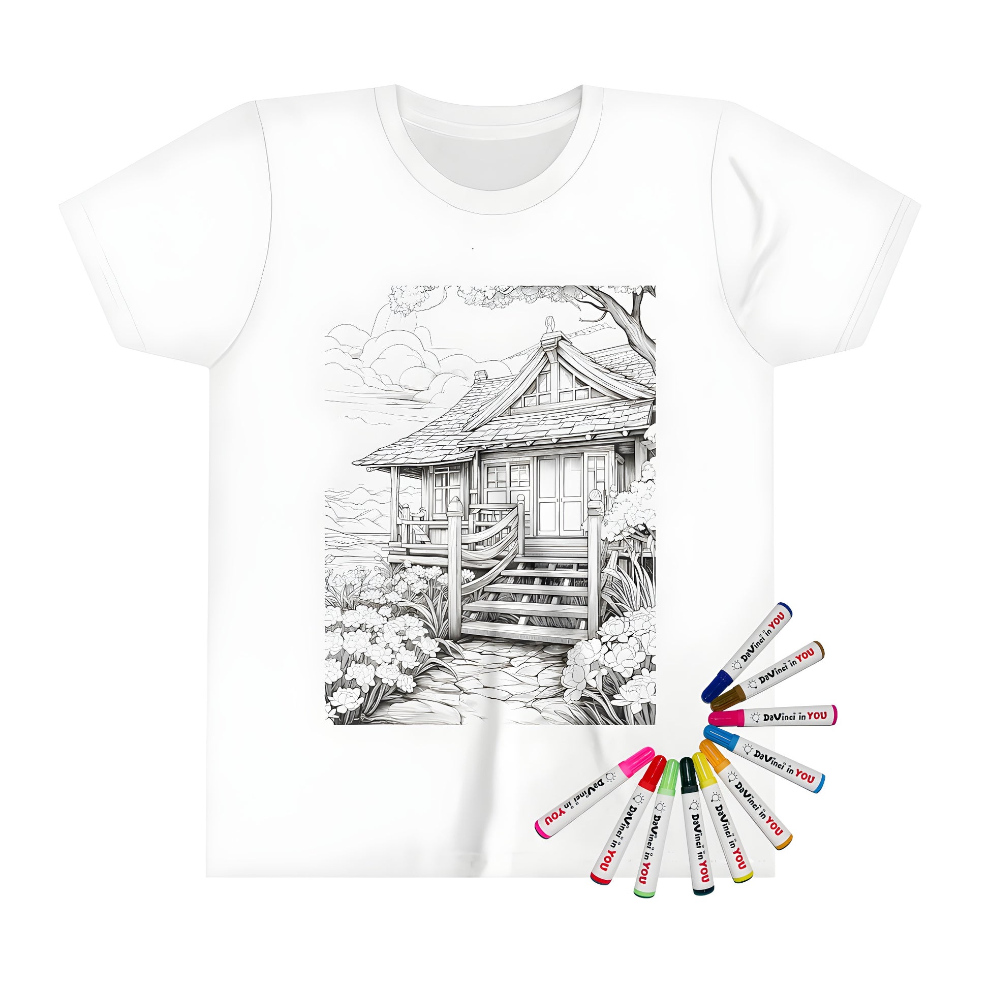 Kids t-shirt featuring a charming cottage design with garden, pathway, and staircase illustration