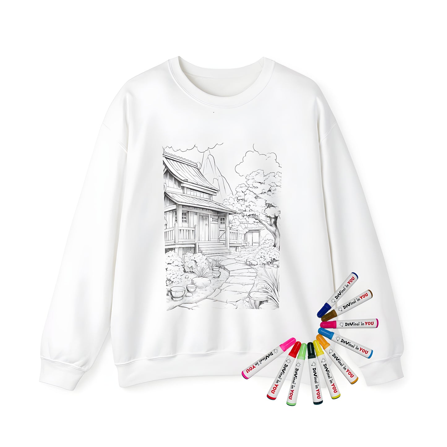 Adult sweatshirt featuring a detailed traditional Japanese home design with garden, bonsai trees and mountain