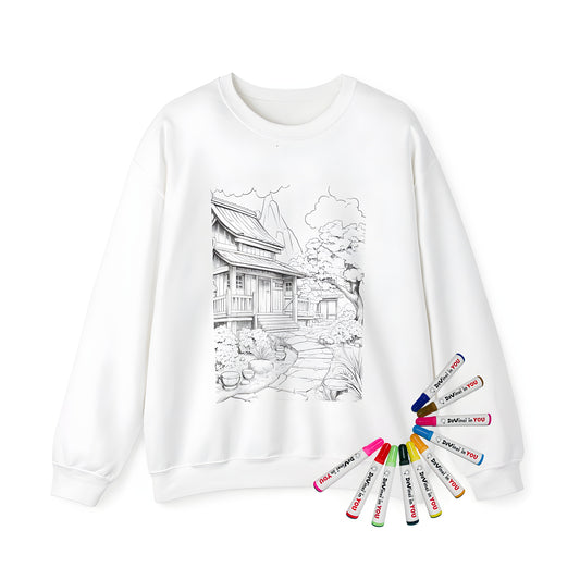 Adult sweatshirt featuring a detailed traditional Japanese home design with garden, bonsai trees and mountain