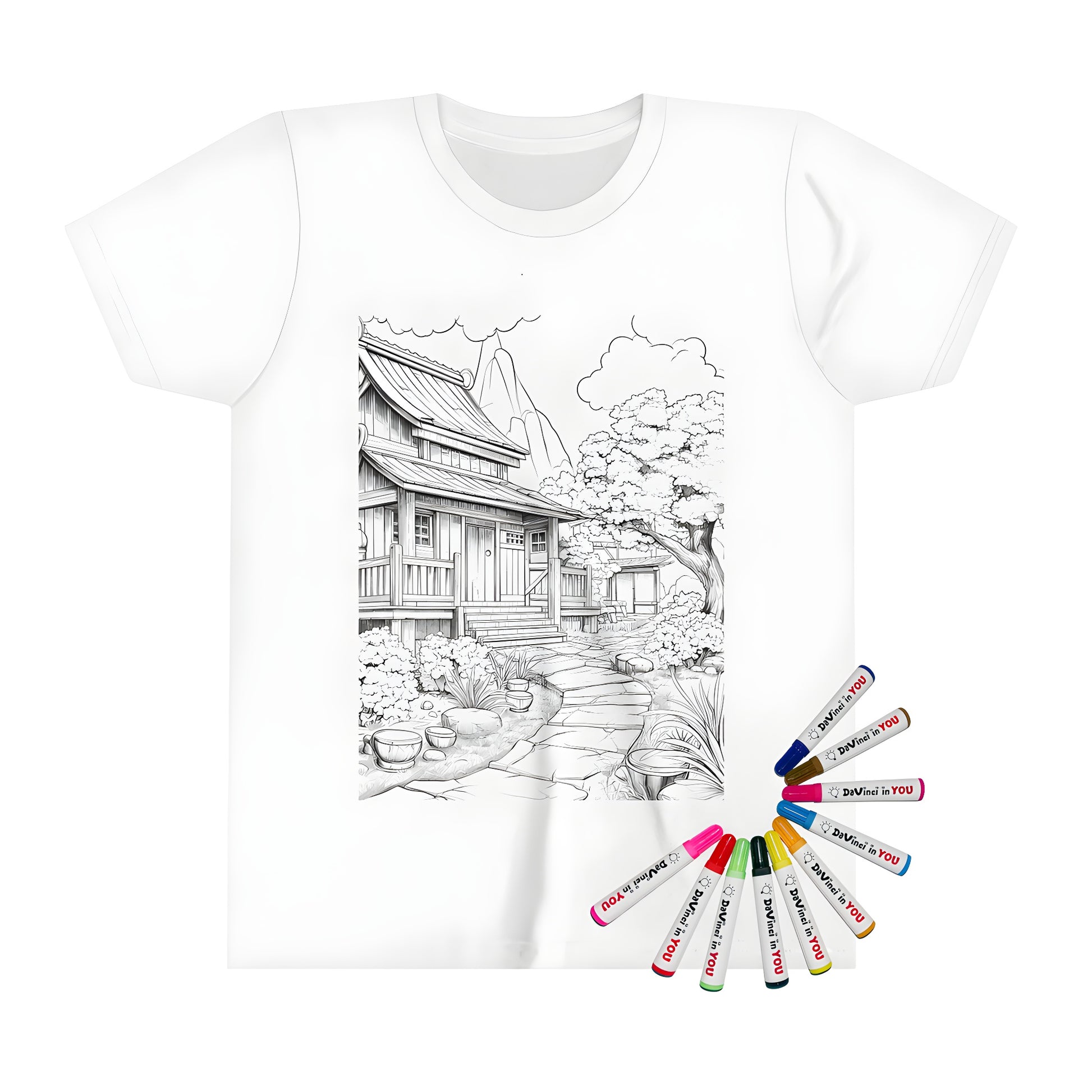 Traditional Japanese-style house coloring page on kid's t-shirt with garden, rock path, bonsai trees and mountain background