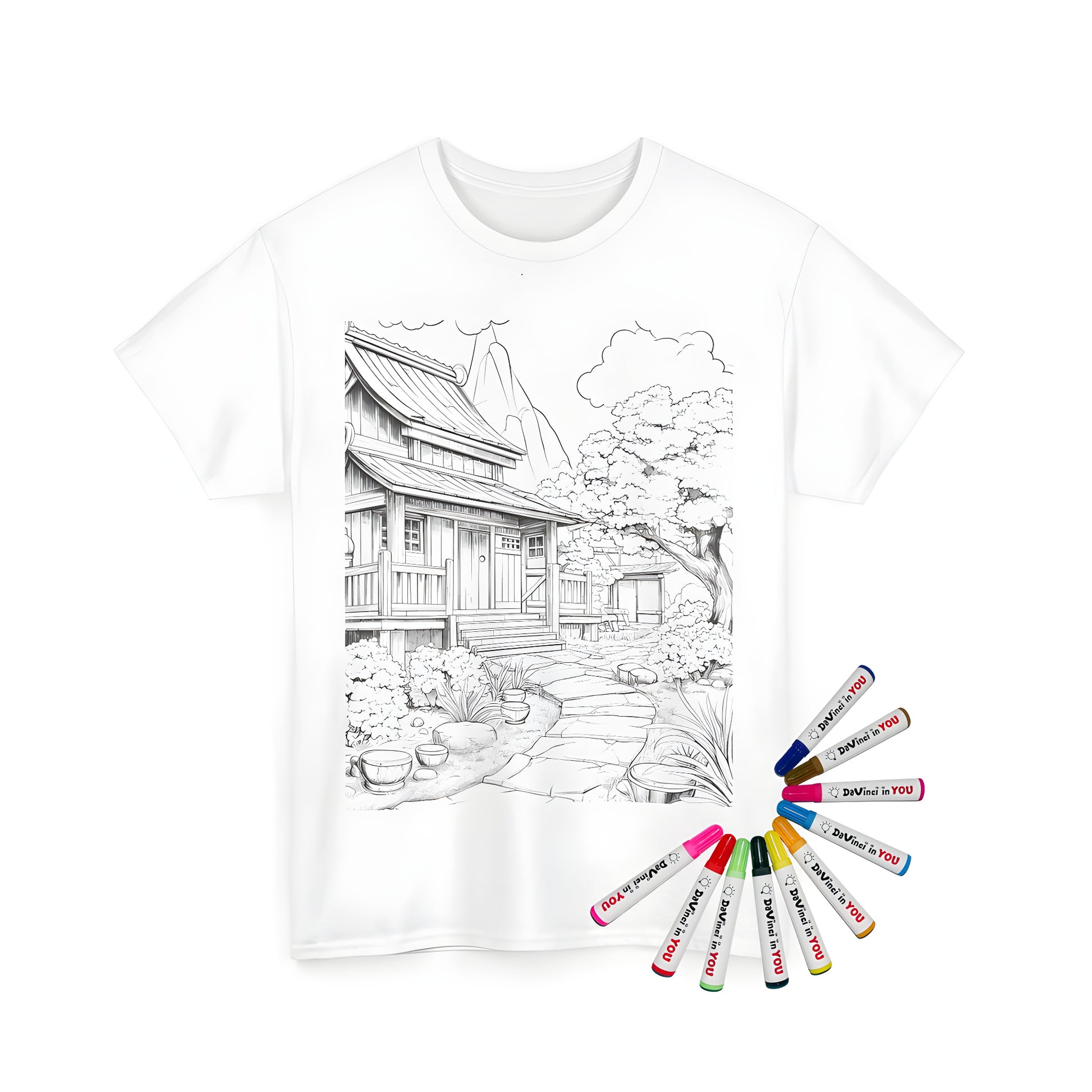 Traditional Japanese style house coloring page design on a unisex t-shirt