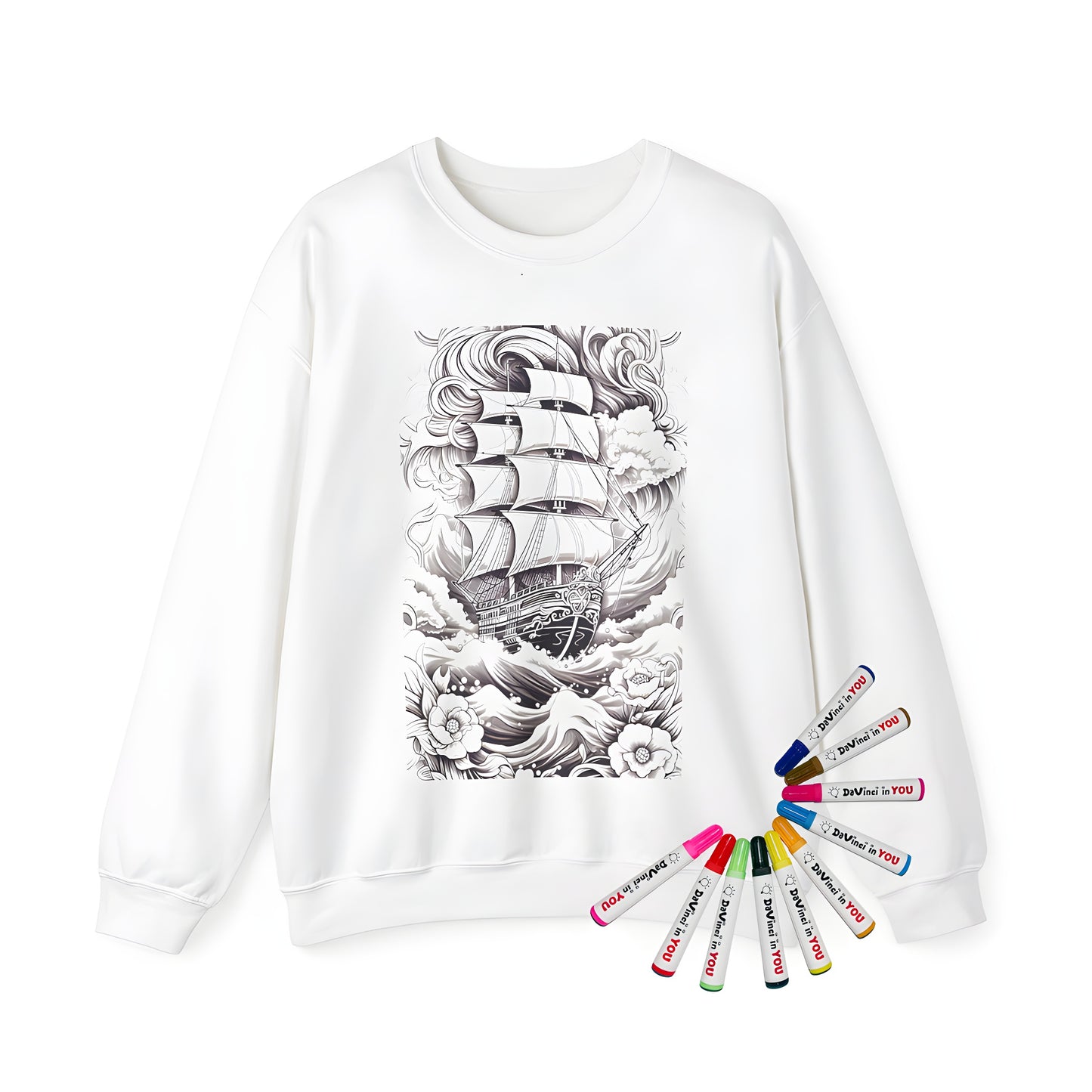 Adult sweatshirt featuring a unique coloring page design of an intricate black and white sailing vessel in stormy seas with waves, clouds, and flowers. Perfect for fans of nautical themes and artistic expression.