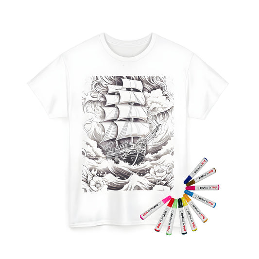 Coloring kit for adult coloring books featuring intricate illustrations of sailing vessels, ships at sea, and ocean scenes on a unisex t-shirt.