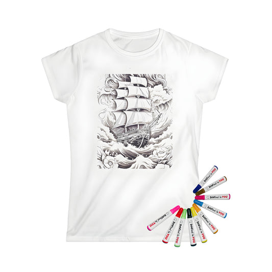 Women's T-shirt with sailing boat illustration, nautical crew, ocean scene, shipwreck art