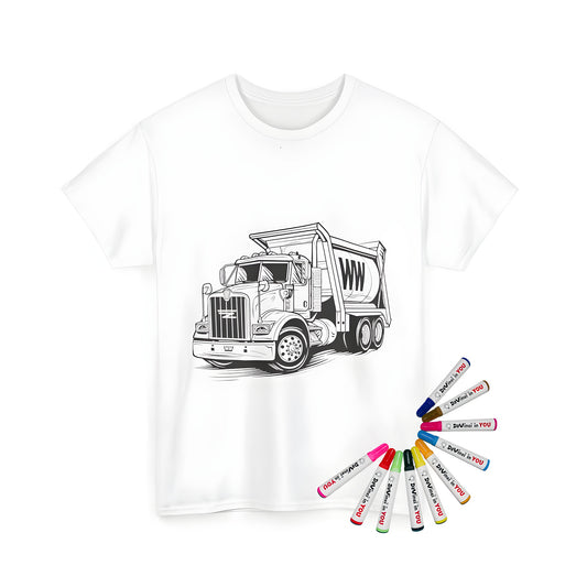 Unisex t-shirt featuring an illustrative coloring page design of a garbage truck, detailing its front and side views