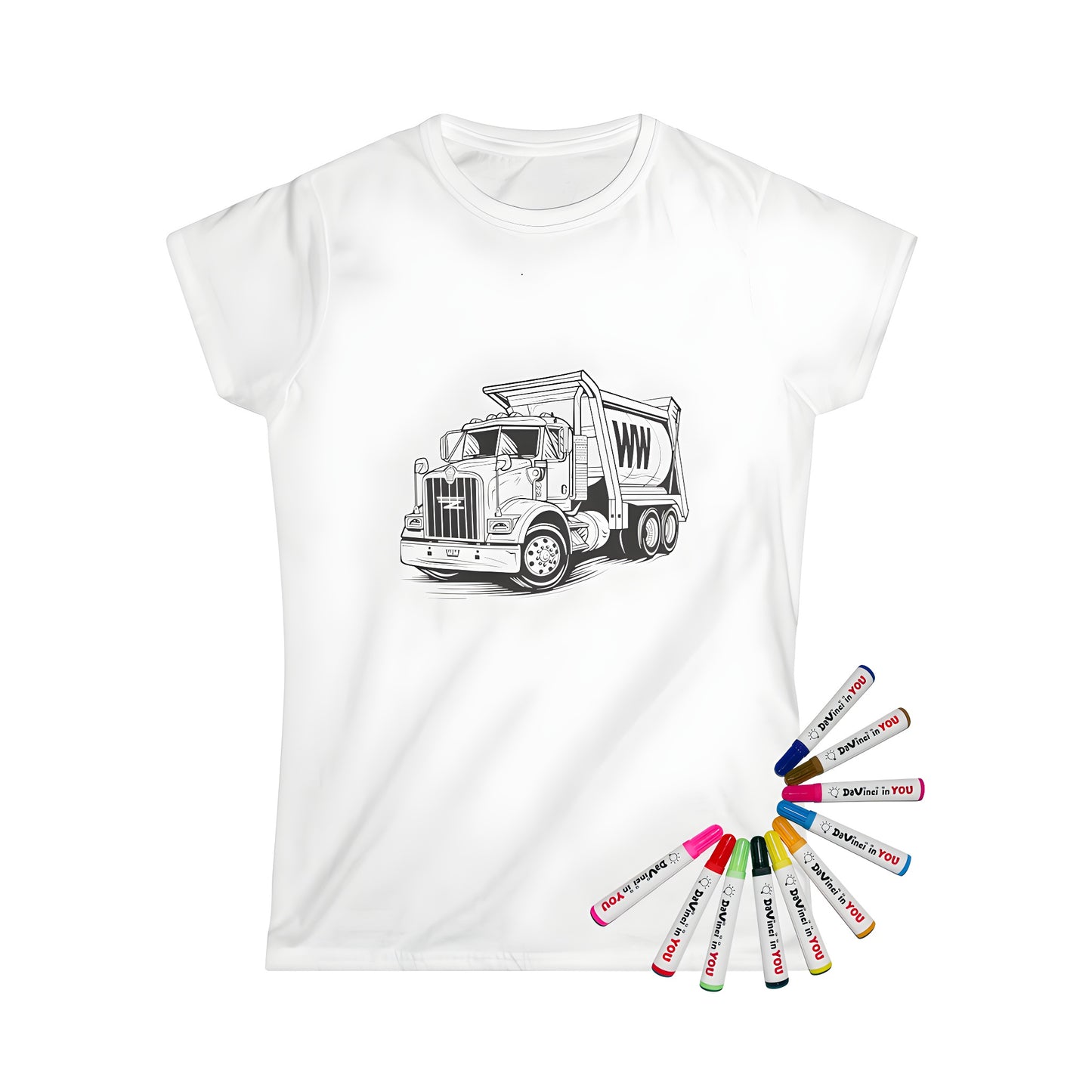 Women's T-shirt featuring a fun coloring page inspired illustration of a garbage truck, side view design