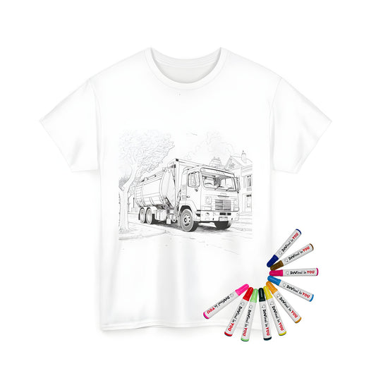 Garbage truck coloring page design on a unisex t-shirt