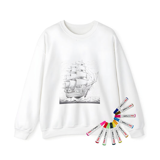 Adult sweatshirt featuring an old sailing ship illustration, suitable for adult coloring