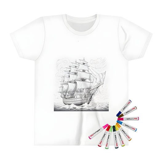 Kid's T-shirt featuring an vintage sailing ship illustration with details of numerous sails on the ocean waves.