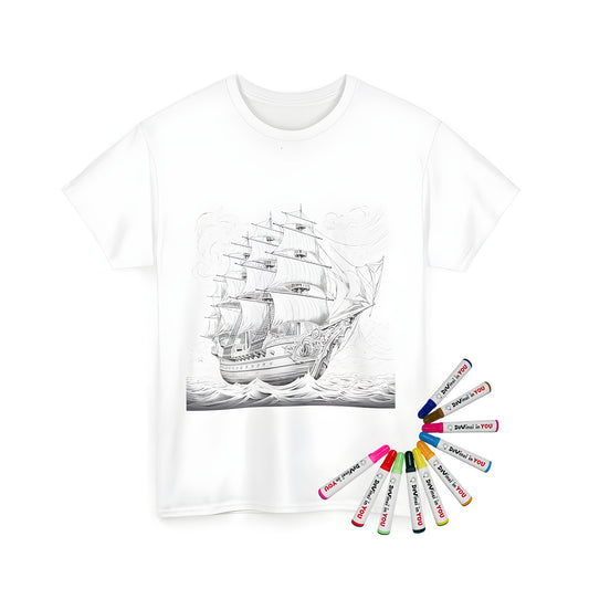 Coloring kit with vintage sailing ship t-shirt and fabric markers