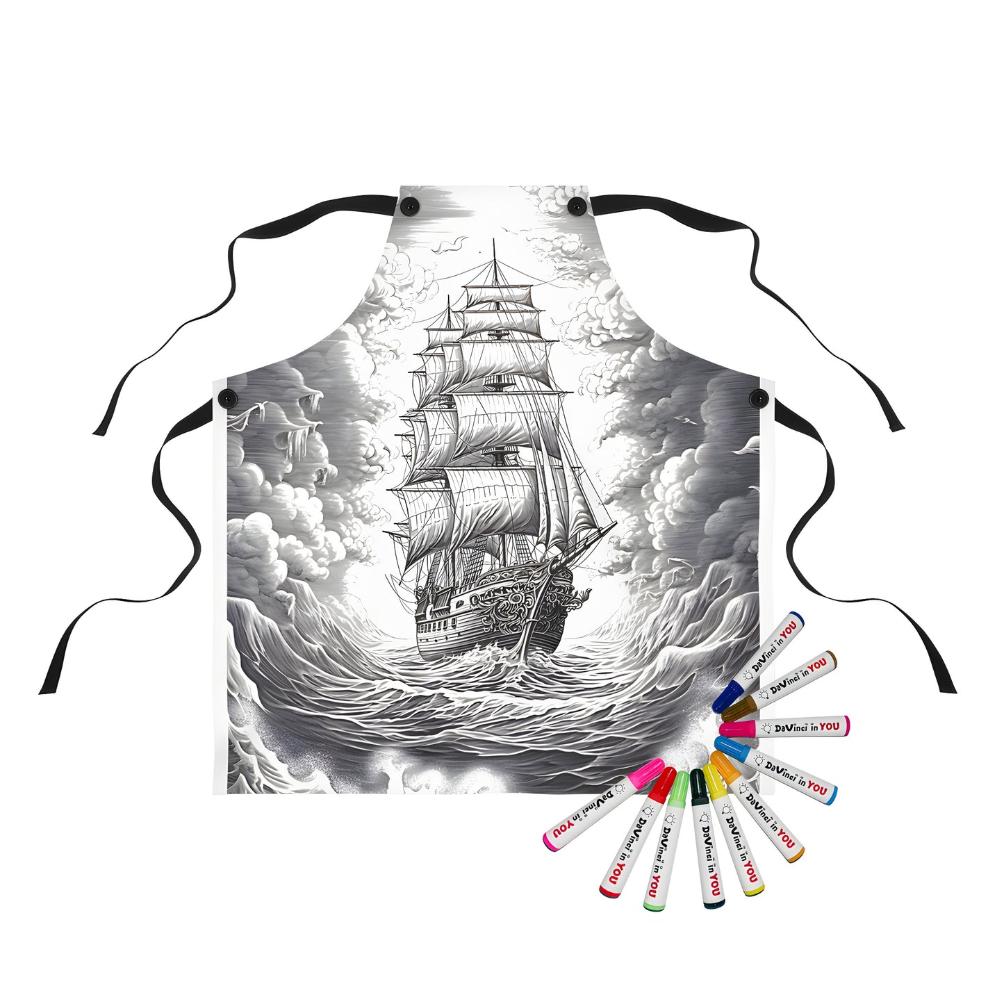 A vibrant apron featuring an original coloring page design of a vintage sailing vessel navigating through turbulent ocean waves under dramatic skies