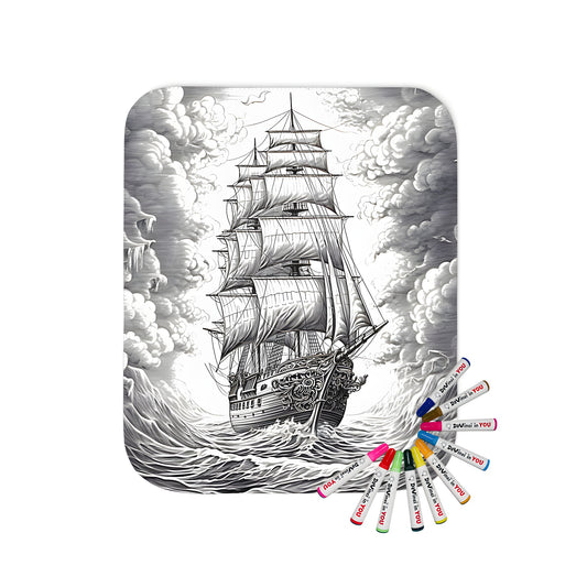 Blanket featuring vintage sailing ship navigates through stormy ocean waves under dramatic clouds and golden sunlight. Includes 10 vibrant fabric markers.