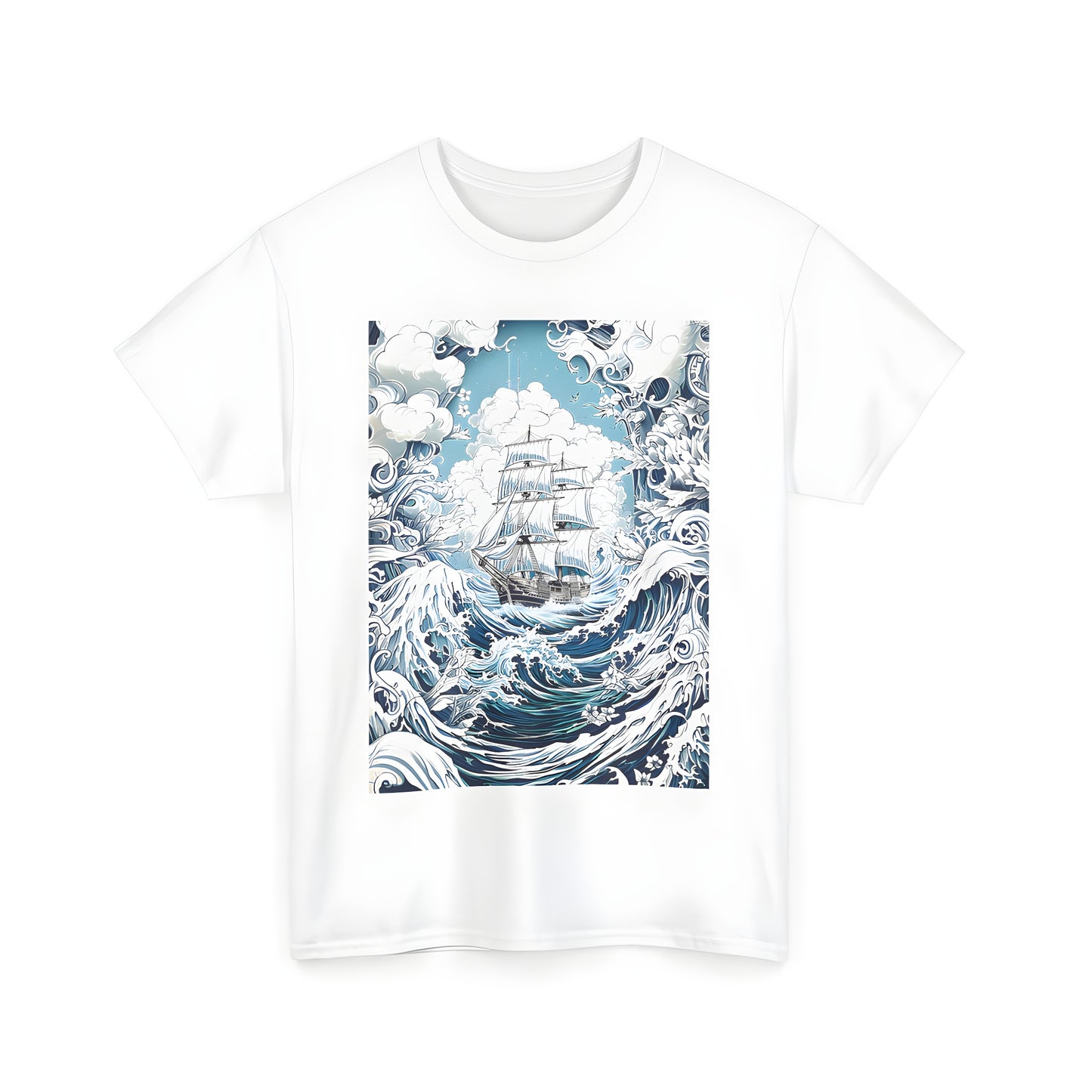 A vibrant sailing vessel illustration on a unisex t-shirt, depicting a thrilling ocean adventure with turbulent waves and whirling clouds.