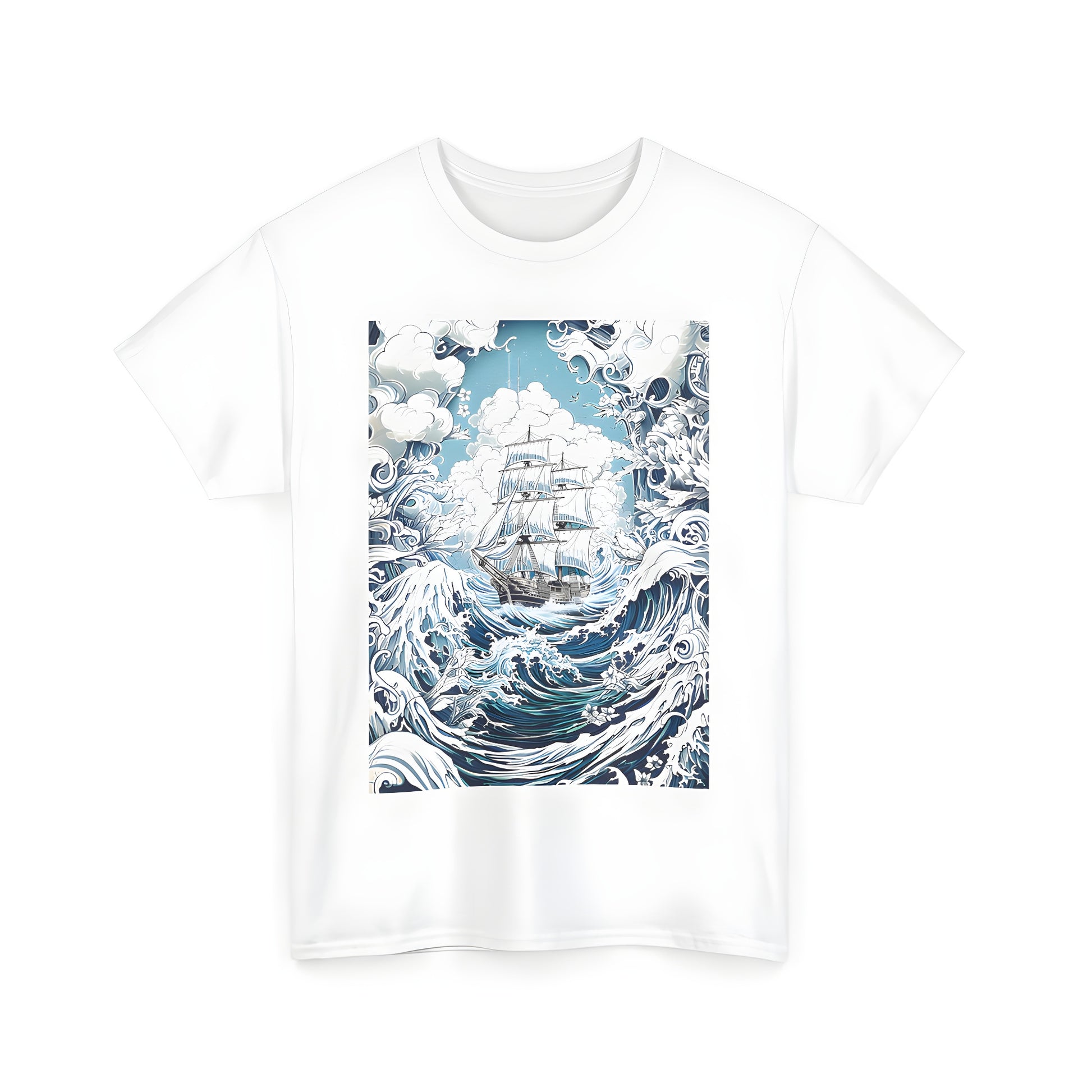 A vibrant sailing vessel illustration on a unisex t-shirt, depicting a thrilling ocean adventure with turbulent waves and whirling clouds.