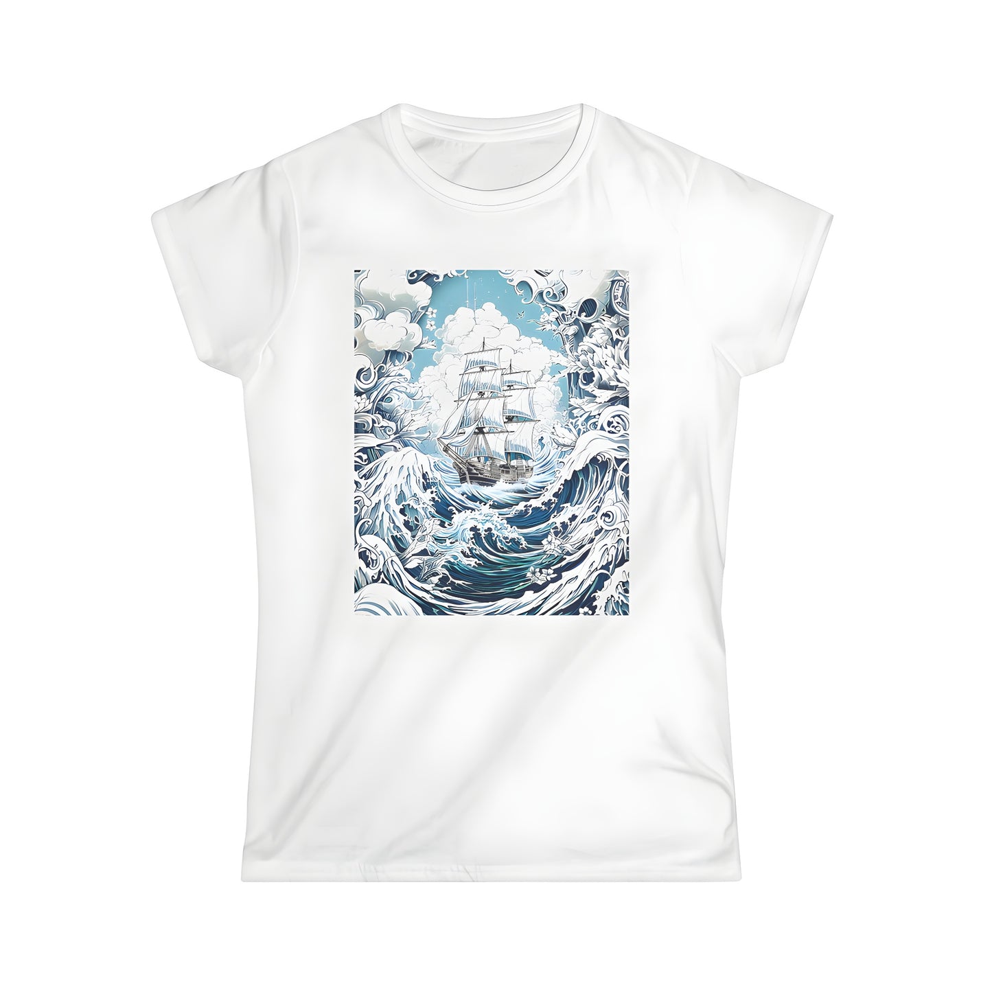 Women's T-shirt with nautical sailing vessel design. Vibrant illustration of sailboat on turbulent waves under stormy clouds.