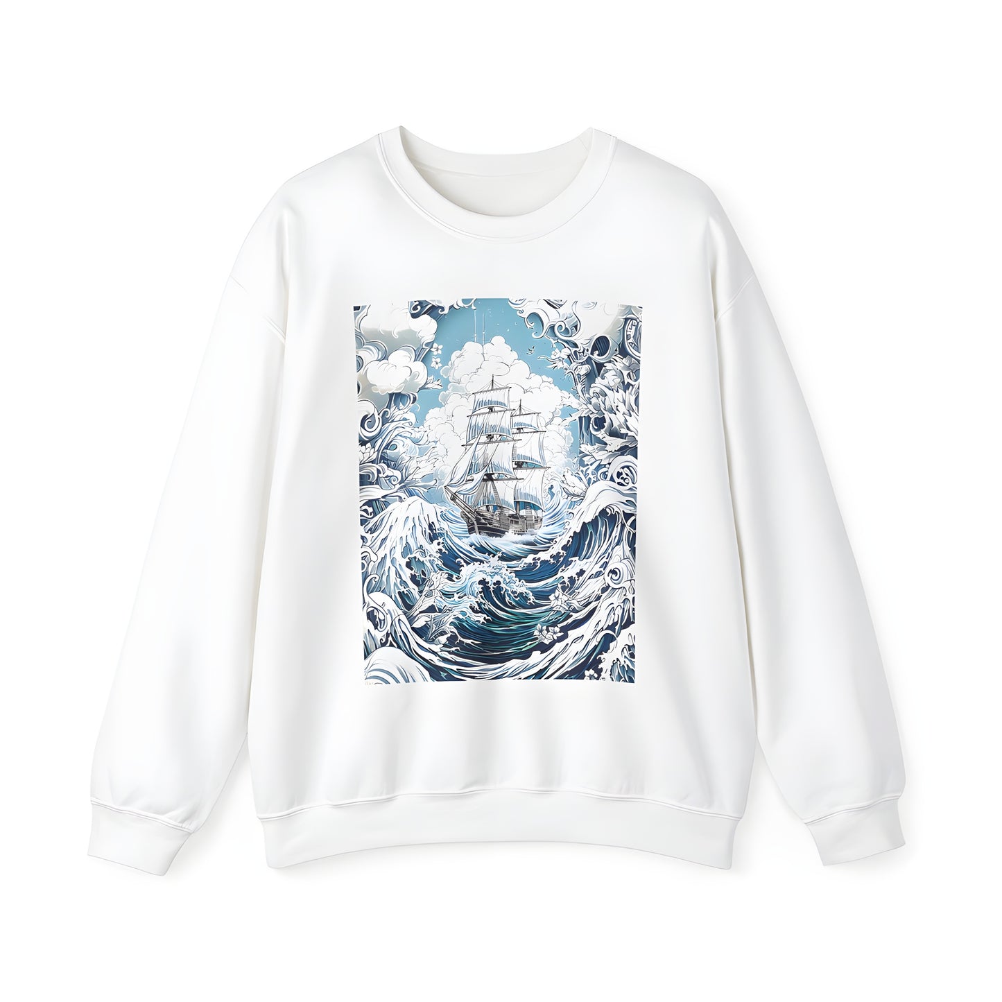 Adult sweatshirt with a dramatic sailing ship design featuring a vessel navigating turbulent waves under a whirling stormy sky