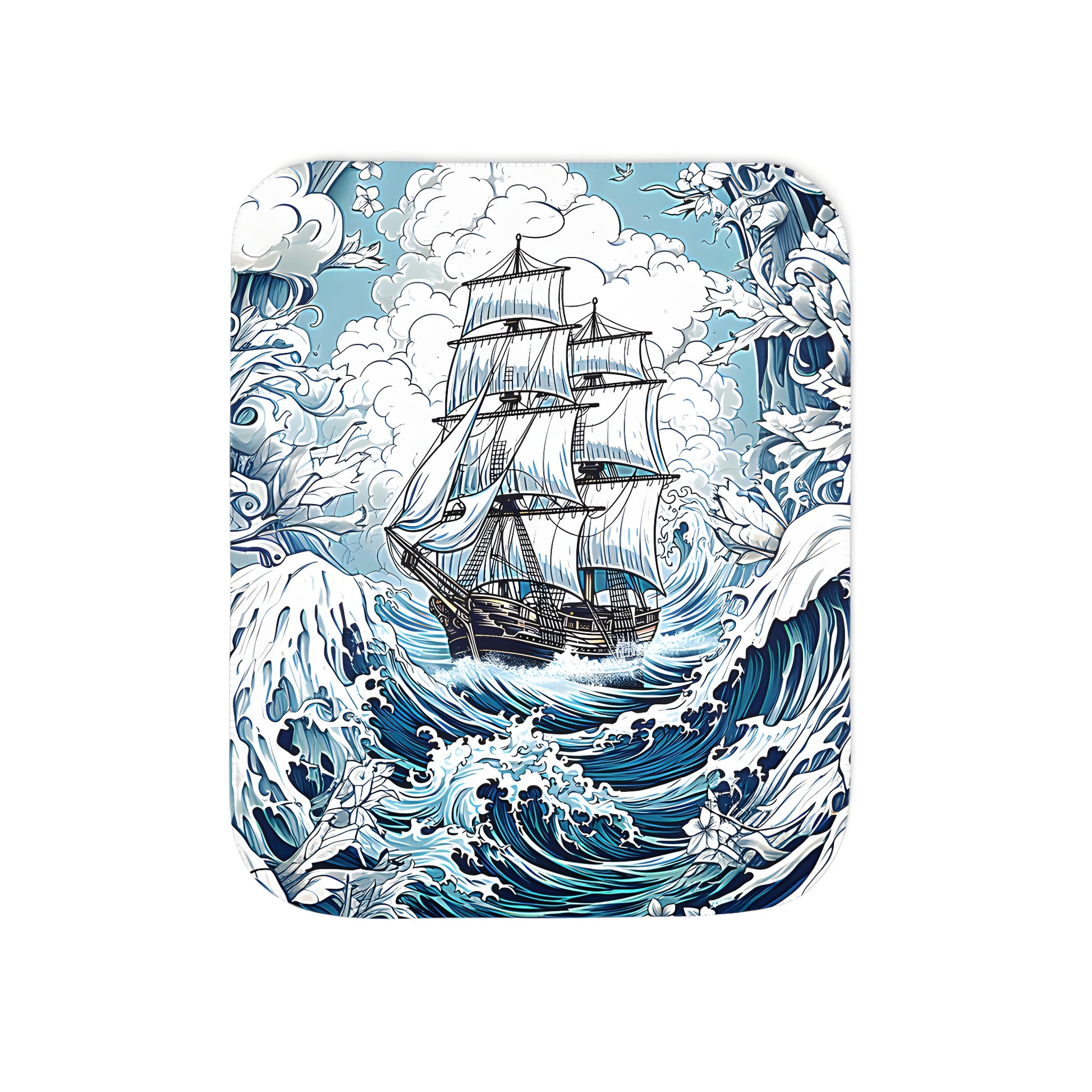 Cozy blanket featuring a dramatic sailing vessel illustration with vibrant colors and a sense of adventure.