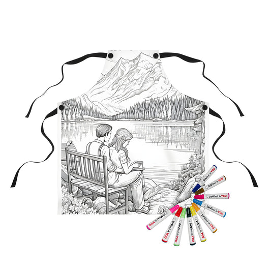 Apron with scenic mountain landscape and lake coloring page print