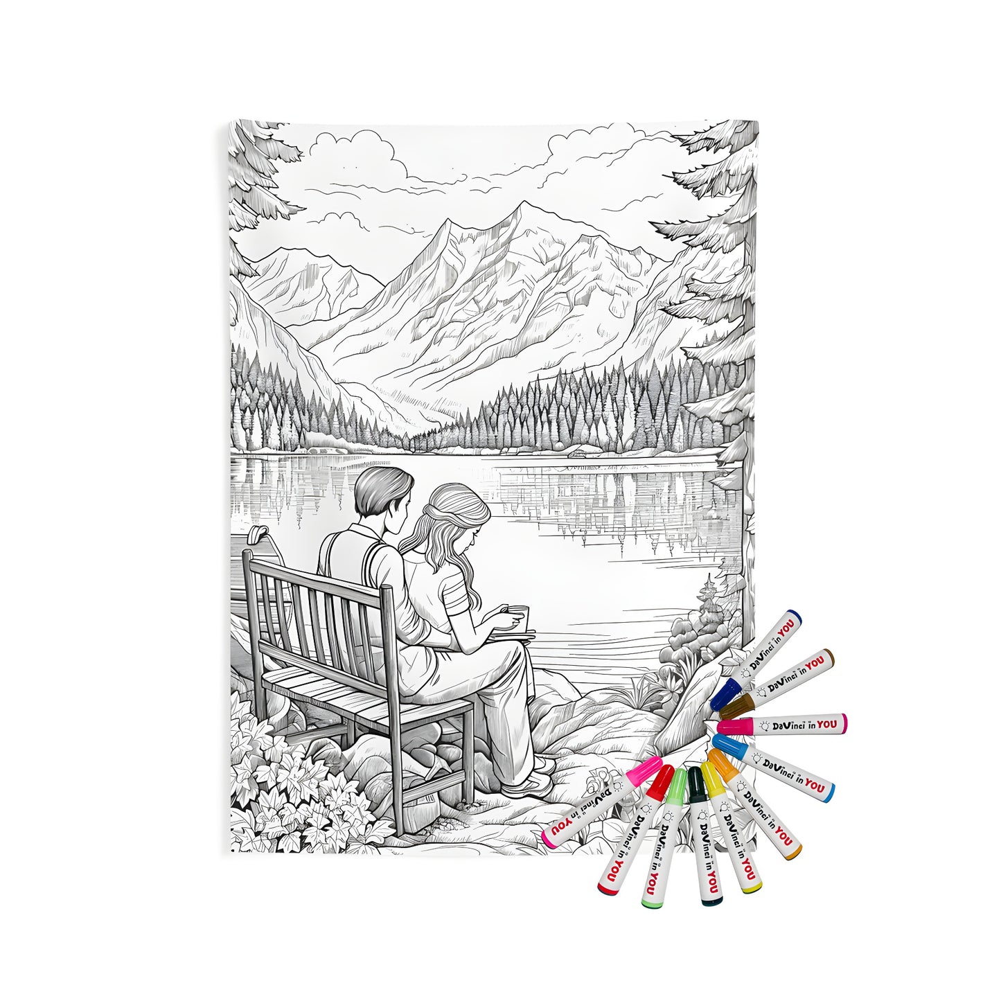 Indoor Wall Tapestry featuring A couple sits on a bench by a serene lake, surrounded by trees, with mountainous scenery