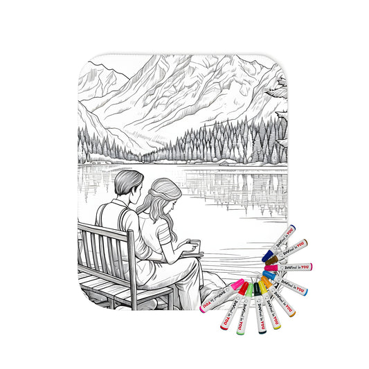 Blanket with mountain landscape design, couple on bench by serene lake