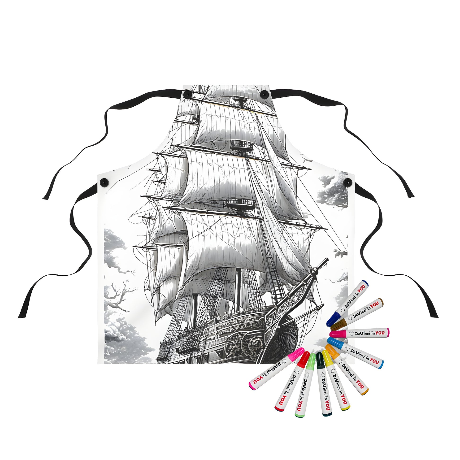 Coloring apron with vintage sailing ship illustration