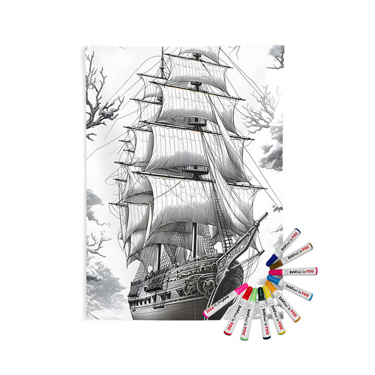 Vintage sailing vessel wall tapestry with detailed black and white illustration of a historic ship with sails on the ocean surrounded by clouds. Perfect for home decor