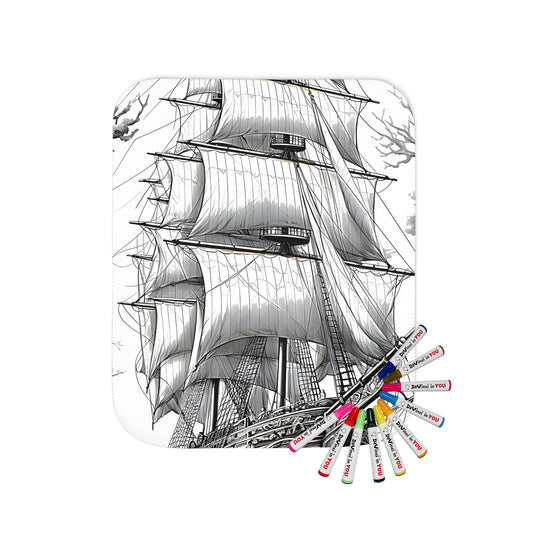 Blanket with vintage sailing ship print, featuring historic vessel with full sails on ocean background