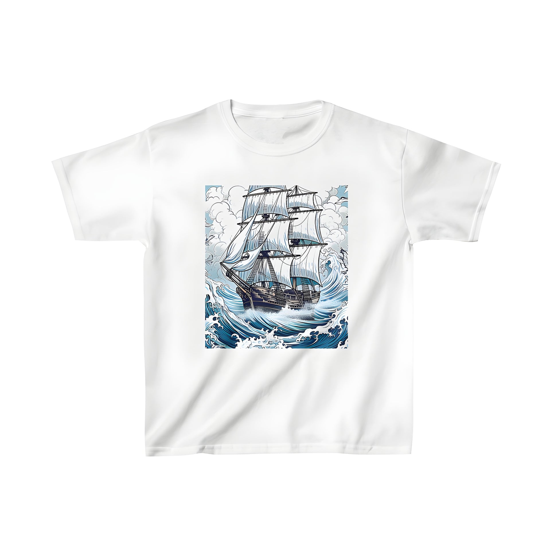 Colorful sailing vessel illustration on kids' t-shirt