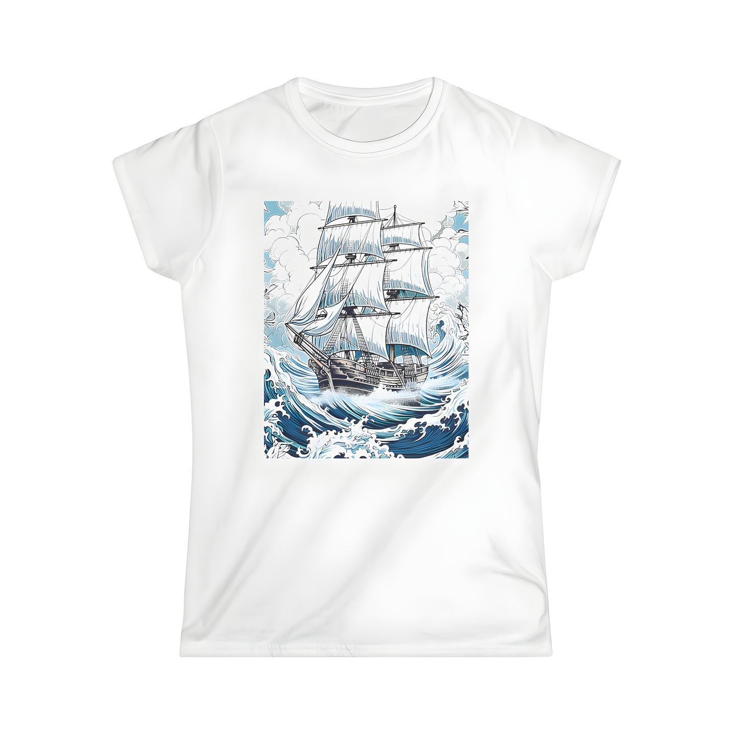 A vibrant women's t-shirt featuring an adventurous sailing ship design amidst rough seas and cloudy skies, surrounded by delicate flowers.