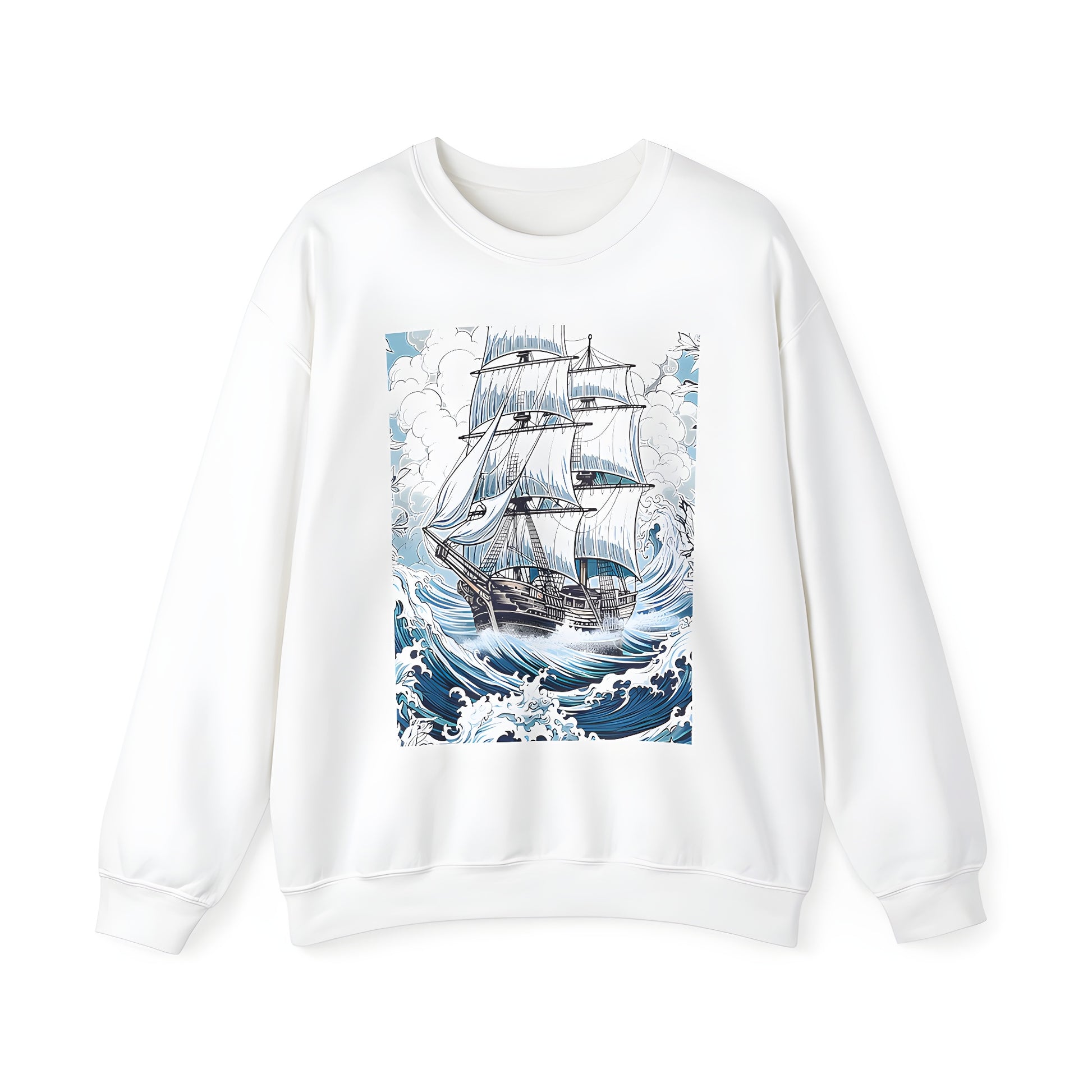 Adult sweatshirt featuring a sailing ship navigating through rough seas with large waves and flowers framing the scene. Perfect for nautical enthusiasts and those who love adventure.